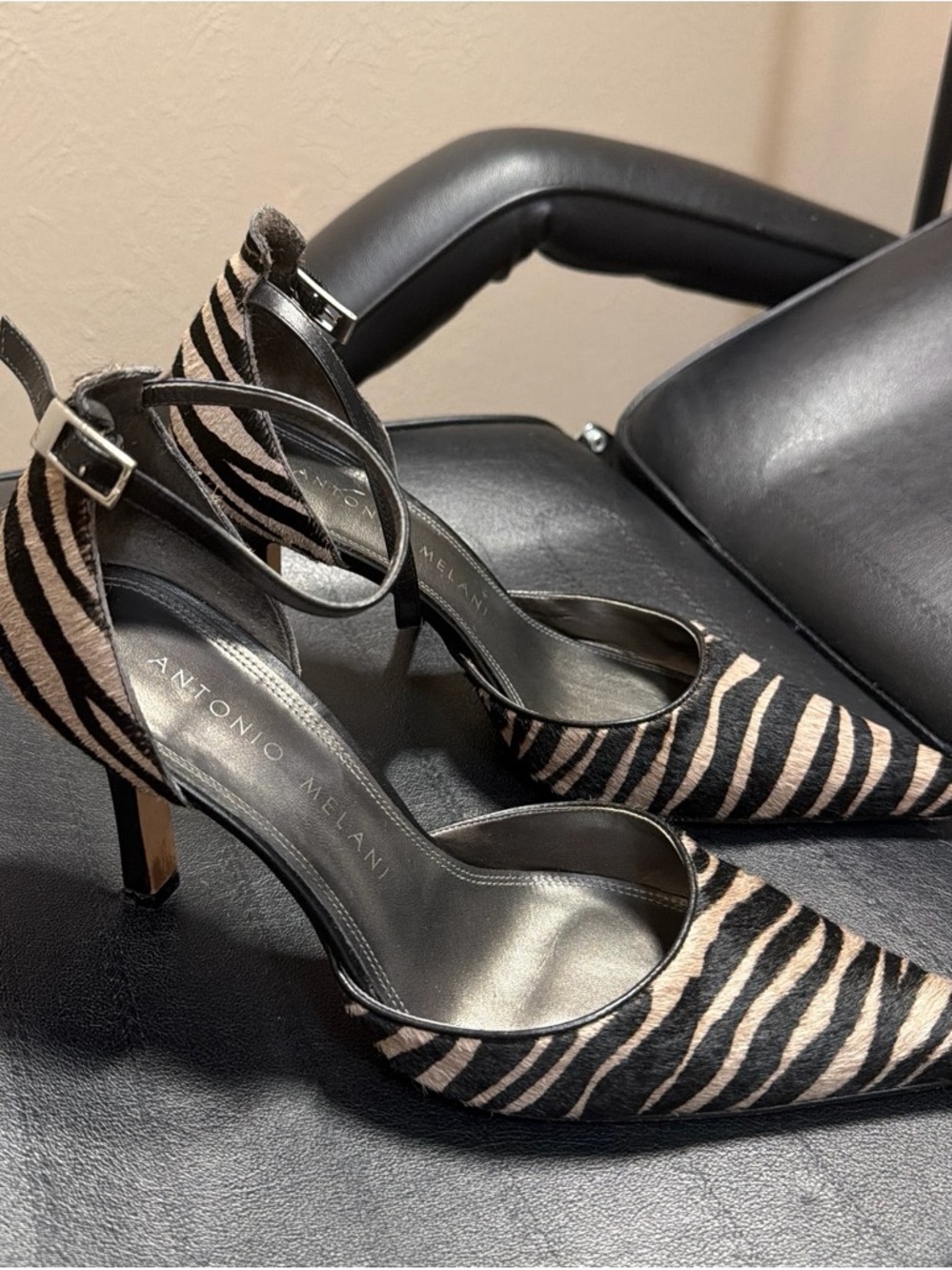 Antonio Melani Black and Beige Zebra Print Pointed Toe Heels